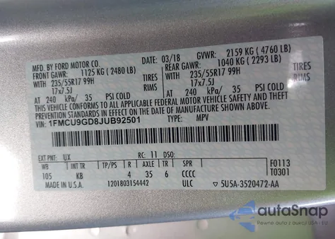 2018 Ford Escape Se from USA, damaged, VIN 1FMCU9GD8JUB92501